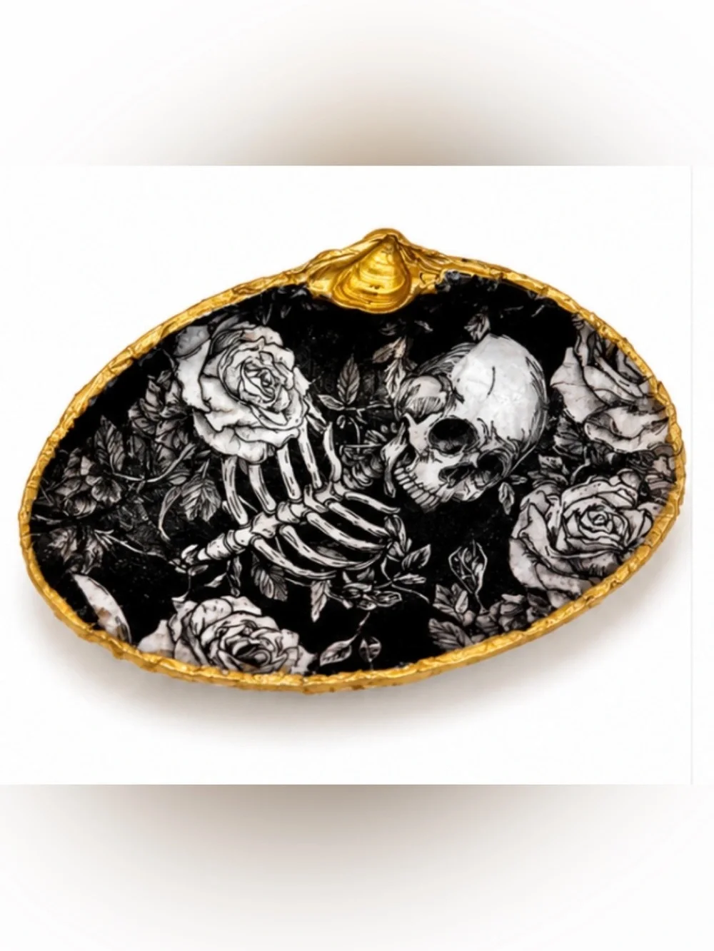 Handmade Gothic Oyster Shell Trinket Dish | Skull & Rose Ring Dish